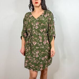 Verse Green Floral Roll Tab Sleeve Shift Dress